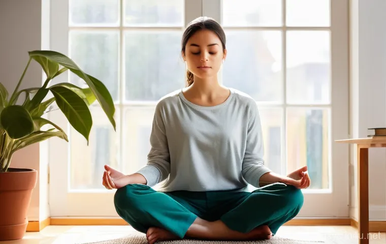 임상심리사 시험 합격을 위한 자기 관리 - **Prompt 1: Serene Study Break Meditation**
    "A young adult, perhaps in their late 20s or early 3...