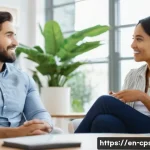 임상심리사의 성공적인 경력 관리 - A warm and professional clinical psychologist sitting in a cozy, well-lit therapy office, attentivel...