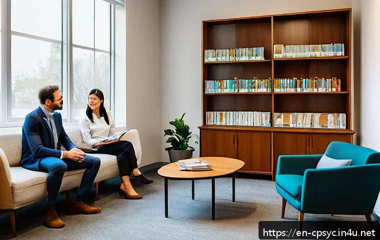 임상심리사 중점 학습 과목 - A serene clinical psychologist’s office featuring a diverse adult client and therapist engaged in a ...