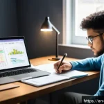 임상심리사 국가시험 준비 팁 - A focused young adult studying at a modern desk in a bright, cozy home office, with a detailed digit...