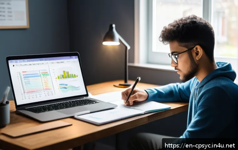 임상심리사 국가시험 준비 팁 - A focused young adult studying at a modern desk in a bright, cozy home office, with a detailed digit...