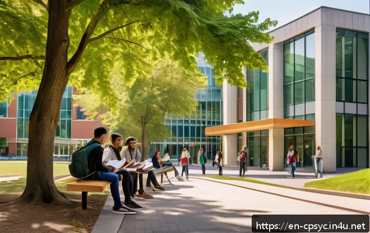 임상심리사 자격증 준비 비용 - A modern university campus scene showing a diverse group of graduate students studying outside a lar...